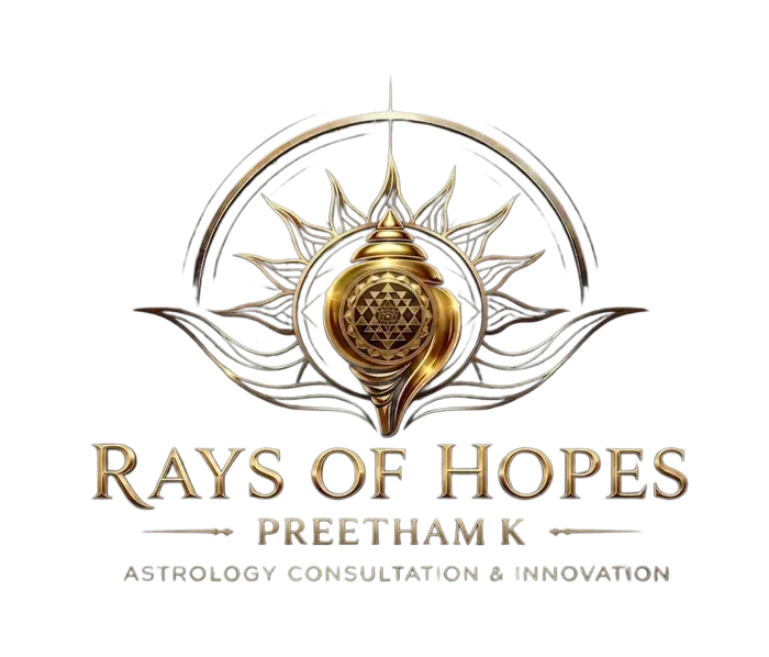 Rays of Hopes emblem — Panchajanya conch bearing the Sri Chakra of Shree Lalitha Tripurasundari, before a golden sun over ocean waves