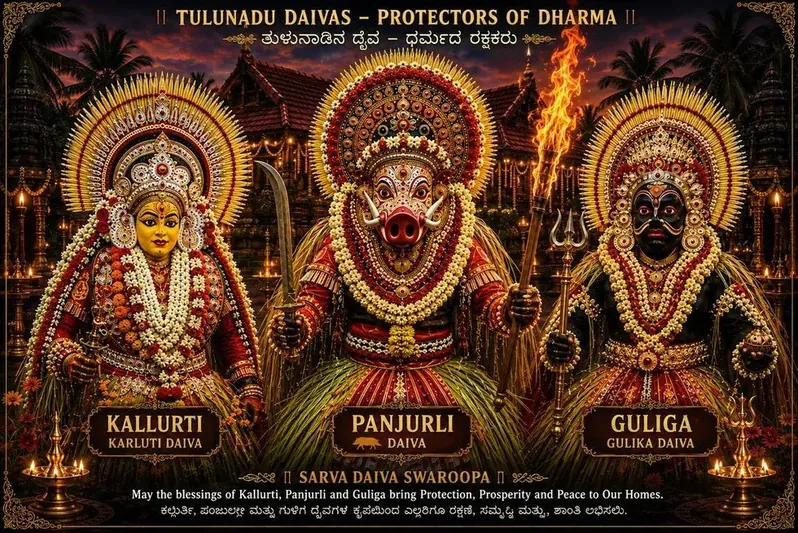 The Tulunadu daivas Kallurti, Panjurli and Guliga in full kola regalia with palm-frond skirts, jasmine garlands and lit lamps before a tiled shrine