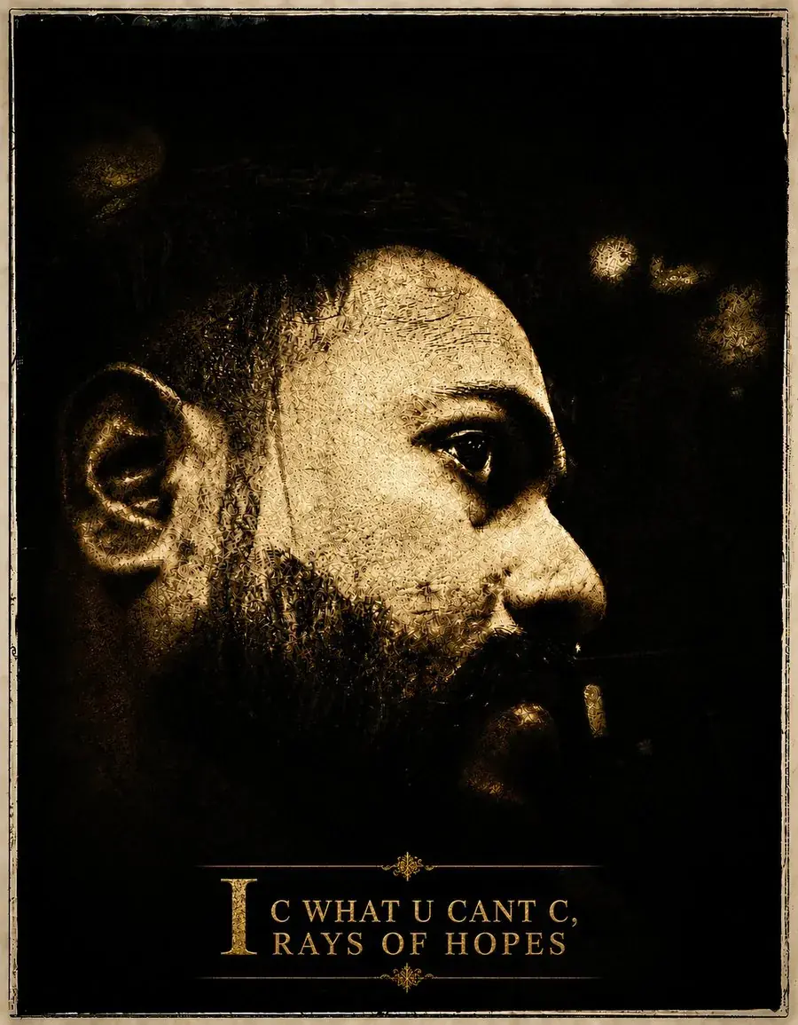 Rays of Hopes brand portrait of Preetham K in profile, rendered in golden sacred script, with the words: I C what U can't C — Rays of Hopes