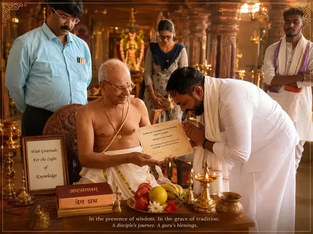 Preetham K receiving the Vidya Pramanam certificate from his Guru Sri Mahadeva Iyer of Kerala, offering pranam before the sacred lamps and Ashtamangalam texts