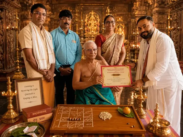Preetham K with his Guru Sri Mahadeva Iyer of Kerala and fellow disciples, holding the Ashtamangala Deva Prashna certificate before the deity