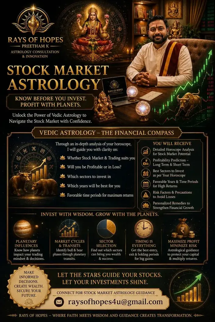 Stock Market Astrology — Vedic astrology as a financial compass: planetary influences, market cycles, sector selection, timing, and risk management